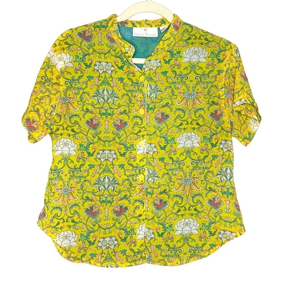 Sacred Threads Floral Bohemian Indian Style Bohemian Button Up Top ML